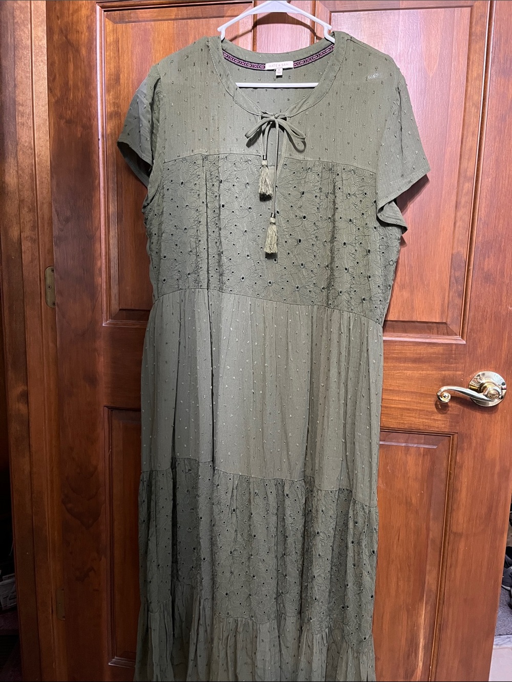 Kate & Sam Tiered Olive Maxi Dress with Tassel Tie